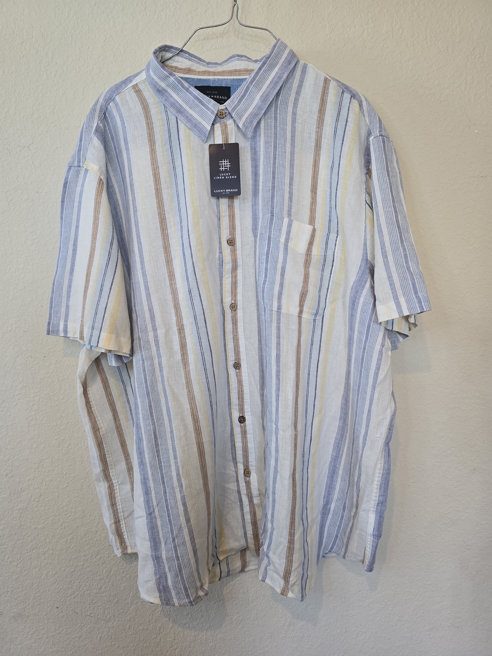 NWT Lucky Brand Blue, Tan & Cream Striped Short-Sleeve Button-Up Shirt Sz XL